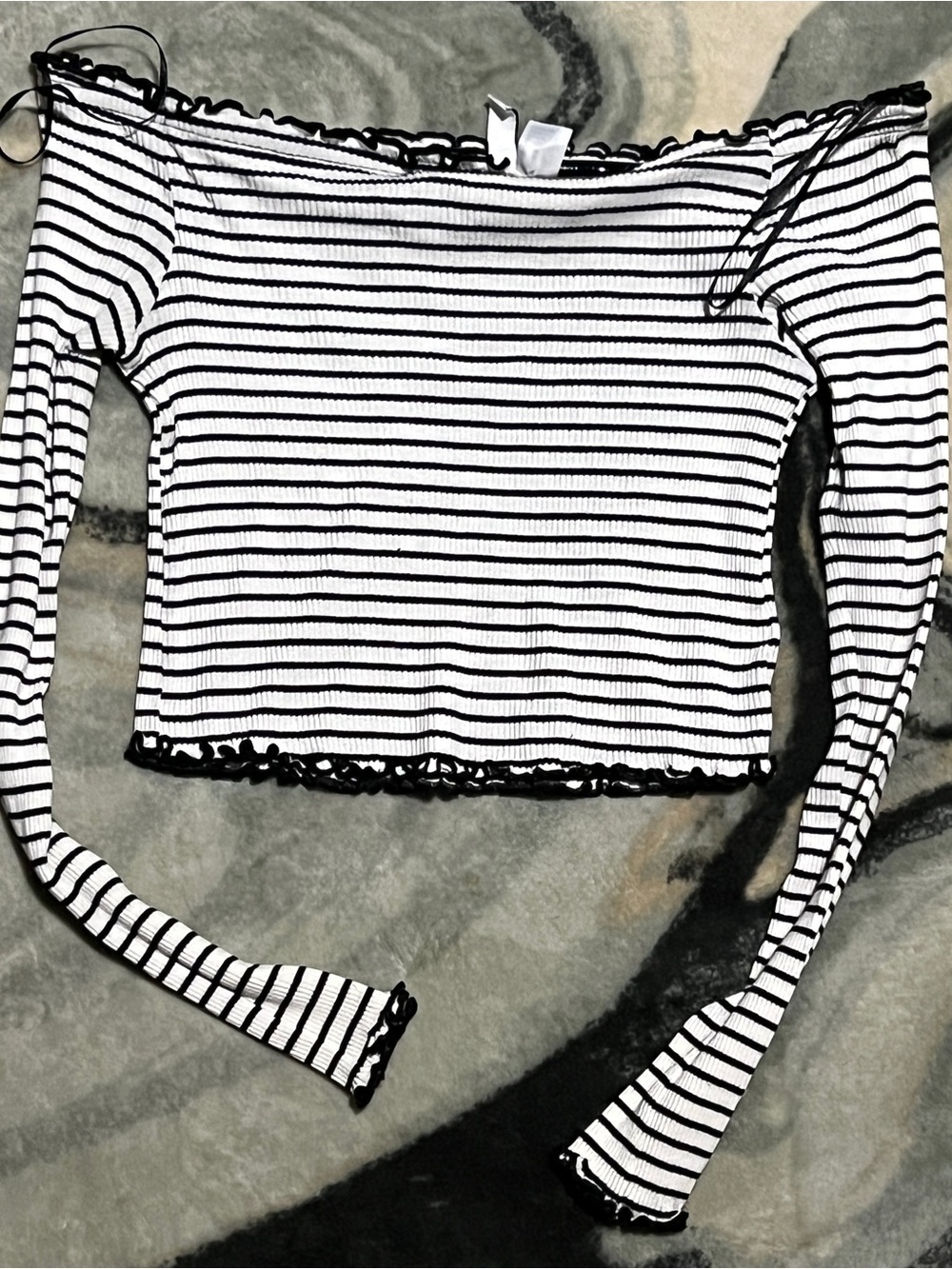 Divided Black & White Striped Off-Shoulder Long-Sleeve Crop Top
